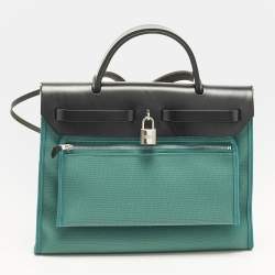 Pre Owned Hermès Herbag Zip 31 Malachite/Noir Militaire Toile and Vache Hunter Top Handle Bag