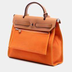 Pre Owned Hermes Brown Orange Toile Herbag Zip 31