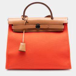 Pre Owned Hermes Brown Orange Toile Herbag Zip 31