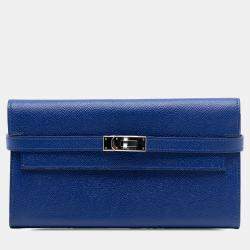 Pre Owned محفظة هيرمس كيلي طويلة ثلاثية الطي جلد إبسم أزرق