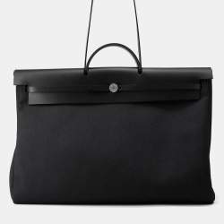 Pre Owned Hermes Herbag Zip Black Toile Military Vache Hunter Leather Size Gm