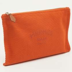 Pre Owned Hermes Yachting PM Flat Orange Toile Canvas Pouch Clutch Bag