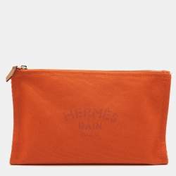Pre Owned Hermes Yachting PM Flat Orange Toile Canvas Pouch Clutch Bag