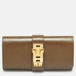 Pre Owned Hermes Medor 29 Vert Olive Box Leather Clutch