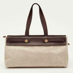 Pre Owned Hermes Herbag Cabas MM Natural/Chocolate Toile and Vache Hunter Bag