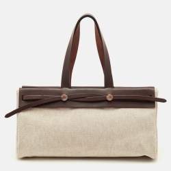 Pre Owned Hermes Herbag Cabas MM Natural/Chocolate Toile and Vache Hunter Bag