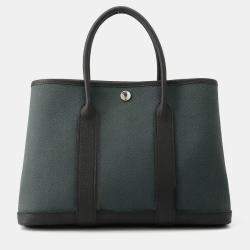 Pre Owned Hermes Garden Party Vert Mangrove/Black Toile Military Negonda Leather Size Tpm