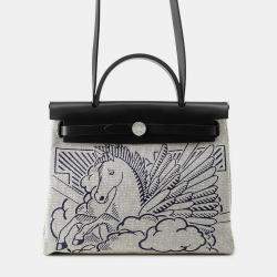 مملوكة مسبقًا Hermes Herbag Zip Pegasus Pop Black/Blue Indigo/Ecru Toile H Vache Hunter Leather Size Pm