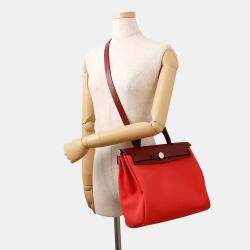 Pre Owned Hermes Herbag Zip Rougesellier Toile Officier Box Calf Leather Size Pm