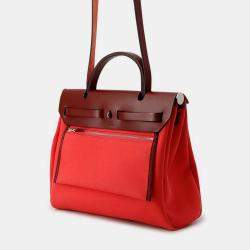 Pre Owned Hermes Herbag Zip Rougesellier Toile Officier Box Calf Leather Size Pm