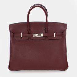 Pre Owned Hermes Birkin 25 Burgundy Epsom Calfskin Leather Top Handle Bag