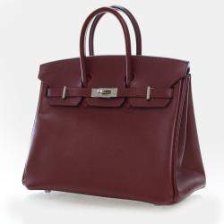 Pre Owned Hermes Birkin 25 Burgundy Epsom Calfskin Leather Top Handle Bag
