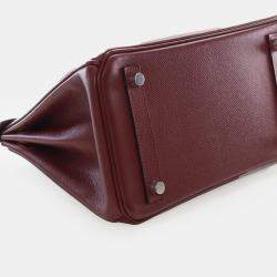 Pre Owned Hermes Birkin 25 Burgundy Epsom Calfskin Leather Top Handle Bag