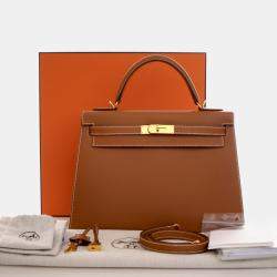 Pre Owned Hermes Kelly Sellier 32 Gold Epsom Calfskin Leather Top Handle Bag