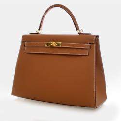 Pre Owned Hermes Kelly Sellier 32 Gold Epsom Calfskin Leather Top Handle Bag