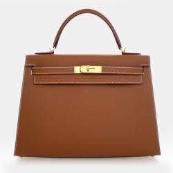 Pre Owned Hermes Kelly Sellier 32 Gold Epsom Calfskin Leather Top Handle Bag