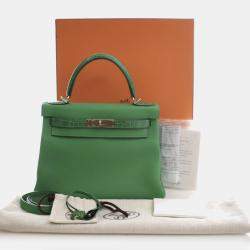 Pre Owned Hermes Kelly Touch 28 Green Togo Calfskin Leather Top Handle Bag