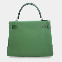 Pre Owned Hermes Kelly Touch 28 Green Togo Calfskin Leather Top Handle Bag