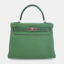 Pre Owned Hermes Kelly Touch 28 Green Togo Calfskin Leather Top Handle Bag