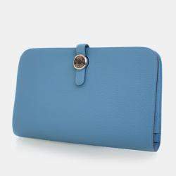 Pre Owned Hermes Dogon Duo Blue Togo Calfskin Leather Wallet