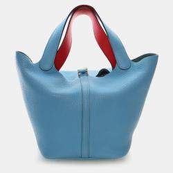 Pre Owned Hermes Picotin Lock 22 Bleu Du Nord Verso Taurillon Clémence Leather Top Handle Bag
