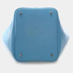 Pre Owned Hermes Picotin Lock 22 Bleu Du Nord Verso Taurillon Clémence Leather Top Handle Bag