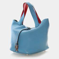 Pre Owned Hermes Picotin Lock 22 Bleu Du Nord Verso Taurillon Clémence Leather Top Handle Bag