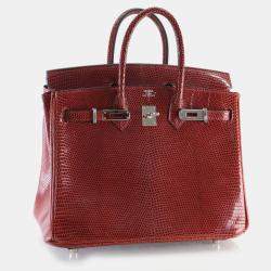 Pre Owned Hermes Birkin 25 Burgundy Lizard Leather Top Handle Bag
