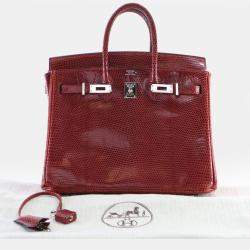 Pre Owned Hermes Birkin 25 Burgundy Lizard Leather Top Handle Bag