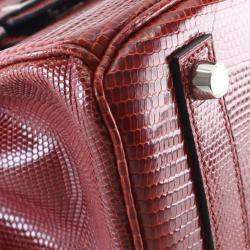 Pre Owned Hermes Birkin 25 Burgundy Lizard Leather Top Handle Bag
