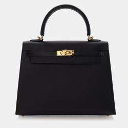 Pre Owned حقيبة هيرمس كيلي سيليير 25 جلد إبسم عجل أسود مقبض علوي