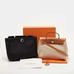 Pre Owned Hermes Herbag 31 Ecru/Natural Toile Canvas and Vache Leather Bag