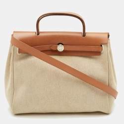 Pre Owned Hermes Herbag 31 Ecru/Natural Toile Canvas and Vache Leather Bag