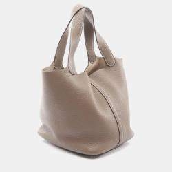 Pre Owned Hermes Picotin Lock 21 Etoupe Handbag Trillion Clemence Leather Beige