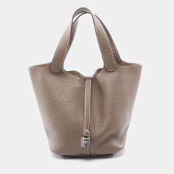 Pre Owned Hermes Picotin Lock 21 Etoupe Handbag Trillion Clemence Leather Beige
