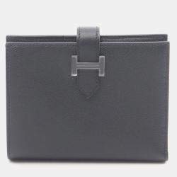 Pre Owned Hermes Bearn Compact Bi-Fold Wallet In Calfskin Leather Cowhide Black
