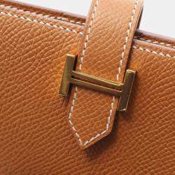 Pre Owned Hermes Bearn Compact Gold Bifold Wallet Epsom Leather Brown