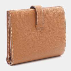 Pre Owned Hermes Bearn Compact Gold Bifold Wallet Epsom Leather Brown