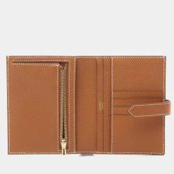 Pre Owned Hermes Bearn Compact Gold Bifold Wallet Epsom Leather Brown