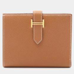 Pre Owned Hermes Bearn Compact Gold Bifold Wallet Epsom Leather Brown
