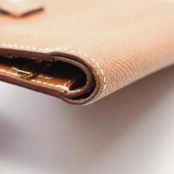 Pre Owned Hermes Bearn Compact Gold Bifold Wallet Epsom Leather Brown