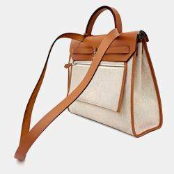 Pre Owned حقيبة هيرمس هيرباج الجديدة قماش وبني جلد بيج مقاس صغير