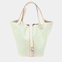 Pre Owned HERMES Picotin Rock PM Lucky Daisy Handbag Swift leather Vert Nata SHW 