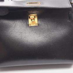Pre Owned Hermes Mini Kelly II 20 Black Box Calfskin Leather Gold Hardware Top Handle Bag