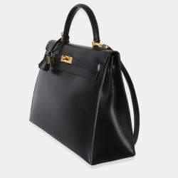 Pre Owned Hermes Vintage Kelly 35 Black Box Calfskin Leather Sellier Top Handle Bag