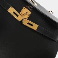 Pre Owned Hermes Vintage Kelly 35 Black Box Calfskin Leather Sellier Top Handle Bag