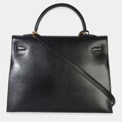 Pre Owned Hermes Vintage Kelly 35 Black Box Calfskin Leather Sellier Top Handle Bag