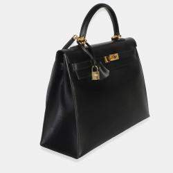 Pre Owned Hermes Vintage Kelly 35 Black Box Calfskin Leather Sellier Top Handle Bag