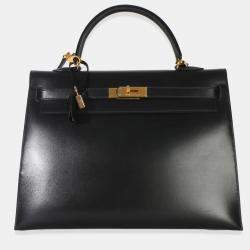 Pre Owned Hermes Vintage Kelly 35 Black Box Calfskin Leather Sellier Top Handle Bag