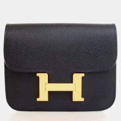 Pre Owned Hermes Constance Slim Noir Epsom Calfskin Leather Wallet